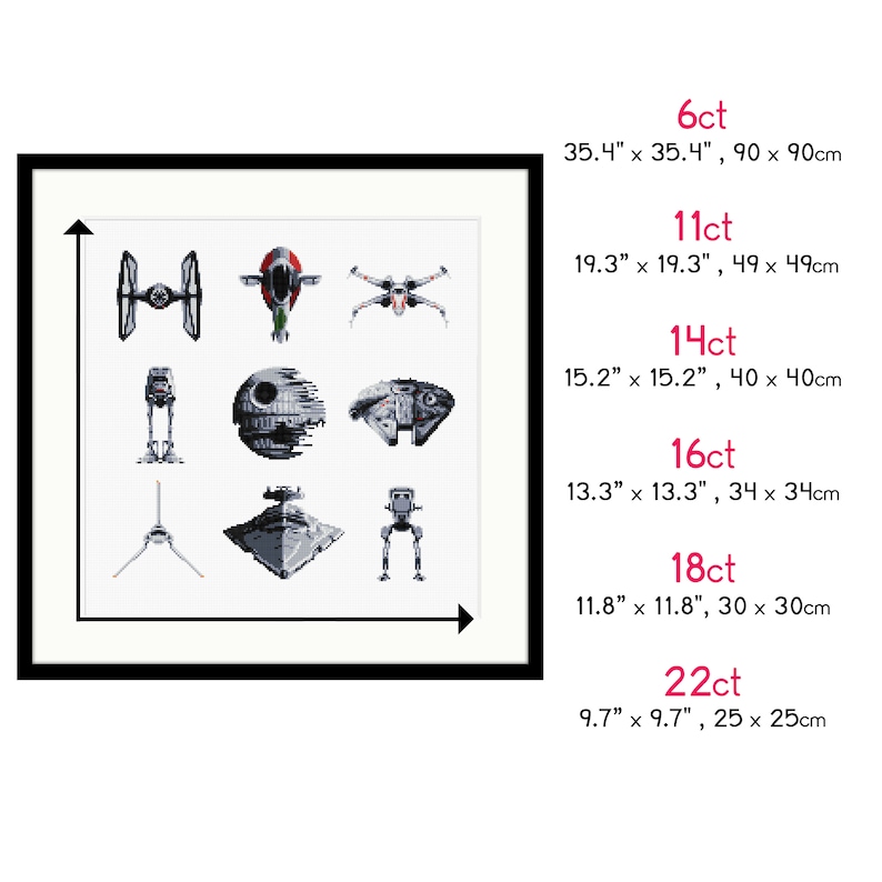 May include: A chart showing the different sizes of cross stitch patterns for Star Wars ships. The chart shows the number of stitches per inch, the size in inches, and the size in centimeters. The ships include the TIE Fighter, X-Wing, Millennium Falcon, Death Star, TIE Interceptor, AT-AT, Imperial Star Destroyer, and AT-ST.