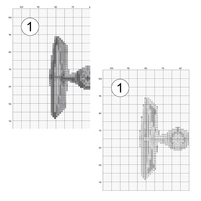 May include: A black and white graphic design of a stylized bird with a long tail. The design is on a grid background with numbers 100 to 60 on the top and 100 to 40 on the left side.