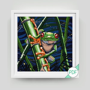 May include: A green tree frog with red eyes is perched on a green branch against a dark blue background with white stars. The frog has orange feet and is looking at the viewer.