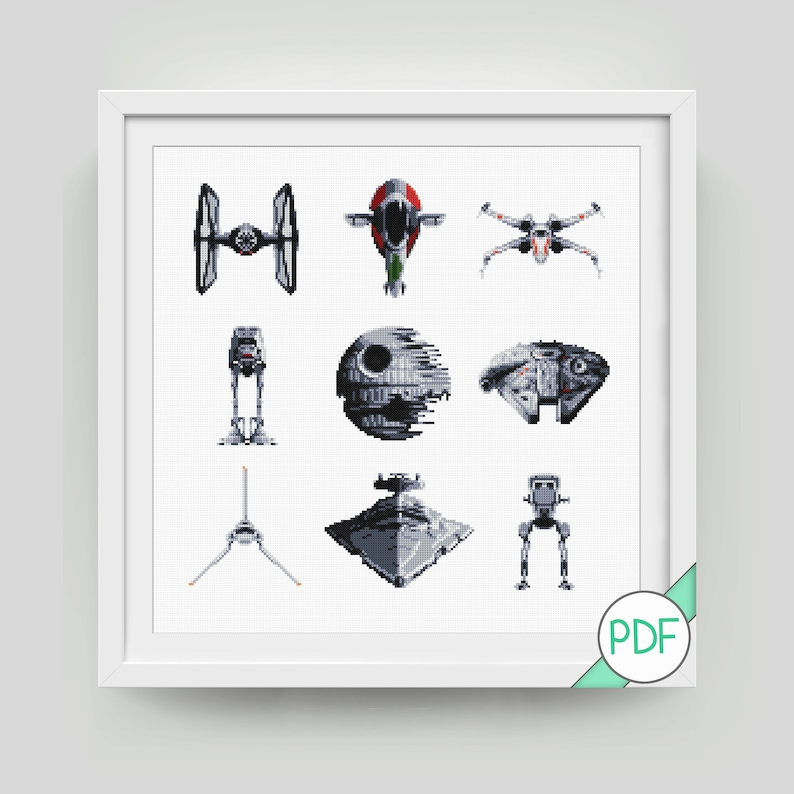 May include: A cross-stitch pattern featuring nine iconic Star Wars vehicles and characters, including the Millennium Falcon, X-Wing, TIE Fighter, Death Star, and AT-AT.