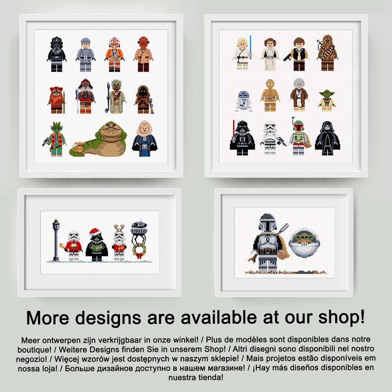 May include: A collection of framed cross-stitch patterns featuring various Star Wars characters, including Yoda, Darth Vader, Chewbacca, and R2-D2. The designs are available for purchase at the shop.