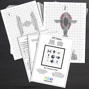 May include: A set of cross-stitch patterns featuring Star Wars characters and ships. The patterns include the Millennium Falcon, X-Wing, TIE Fighter, and Death Star. The patterns are printed on white paper with black grid lines. The patterns are labeled with numbers 1 and 2. The text on the patterns reads "PDF Pattern", "Star Character Ships", and "GEO CREATIONS".