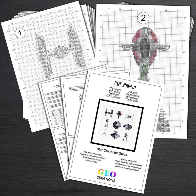 May include: A set of cross-stitch patterns featuring Star Wars characters and ships. The patterns include the Millennium Falcon, X-Wing, TIE Fighter, and Death Star. The patterns are printed on white paper with black grid lines. The patterns are labeled with numbers 1 and 2. The text on the patterns reads "PDF Pattern", "Star Character Ships", and "GEO CREATIONS".