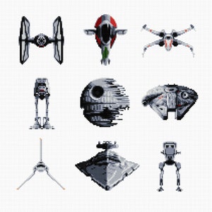 May include: A set of nine Star Wars spaceship and vehicle pixel art illustrations. The illustrations include the TIE fighter, X-wing, Millennium Falcon, Death Star, AT-AT, AT-ST, TIE Interceptor, and the Rebel transport.