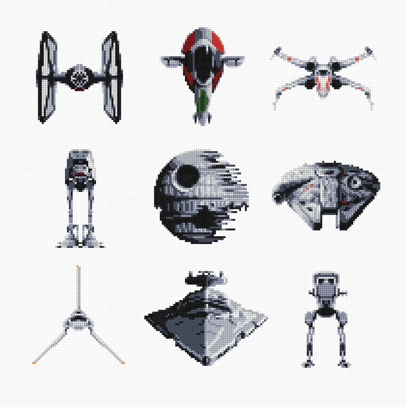 May include: A set of nine Star Wars spaceship and vehicle pixel art illustrations. The illustrations include the TIE fighter, X-wing, Millennium Falcon, Death Star, AT-AT, AT-ST, TIE Interceptor, and the Rebel transport.
