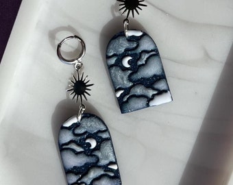 celestial sky earrings with color shifting clouds | moon | witchy | glittery | polymer clay | stainless steel | iridescent