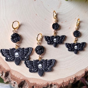 Death head moth crystal earrings | witchy | goth | faux crystal | gold and black | hypoallergenic nickel free