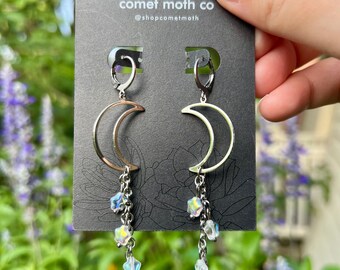 Celestial crescent moon beaded dangle earrings stainless steel charm Czech glass star beads witchy goth alt whimsigoth jewelry