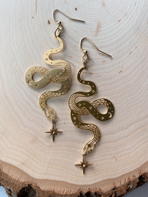 celestial snake drop earrings | witchy earrings | gift for her | brass | laser cut | clip on available | hypoallergenic gold plated