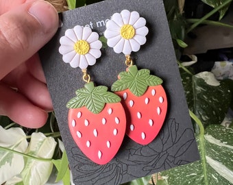 daisy and strawberry stud dangle earrings