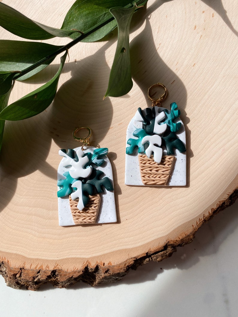 variegated monstera adansonii earrings polymer clay houseplant aesthetic witchy boho lightweight clip on available gift for her image 1