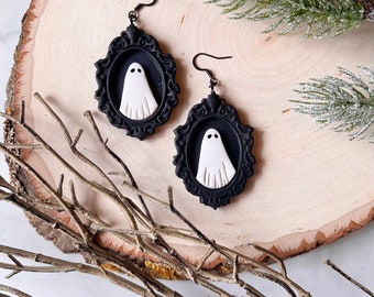 framed ghost earrings | halloween | spooky | handmade polymer clay earrings | hypoallergenic