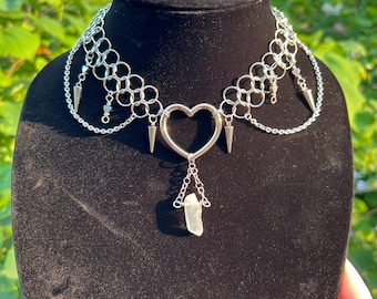 roestvrijstalen kristallen maliënkolder | alternatieve gothic-sieraden | choker ketting kroonluchter | kwartskristallen sieraden