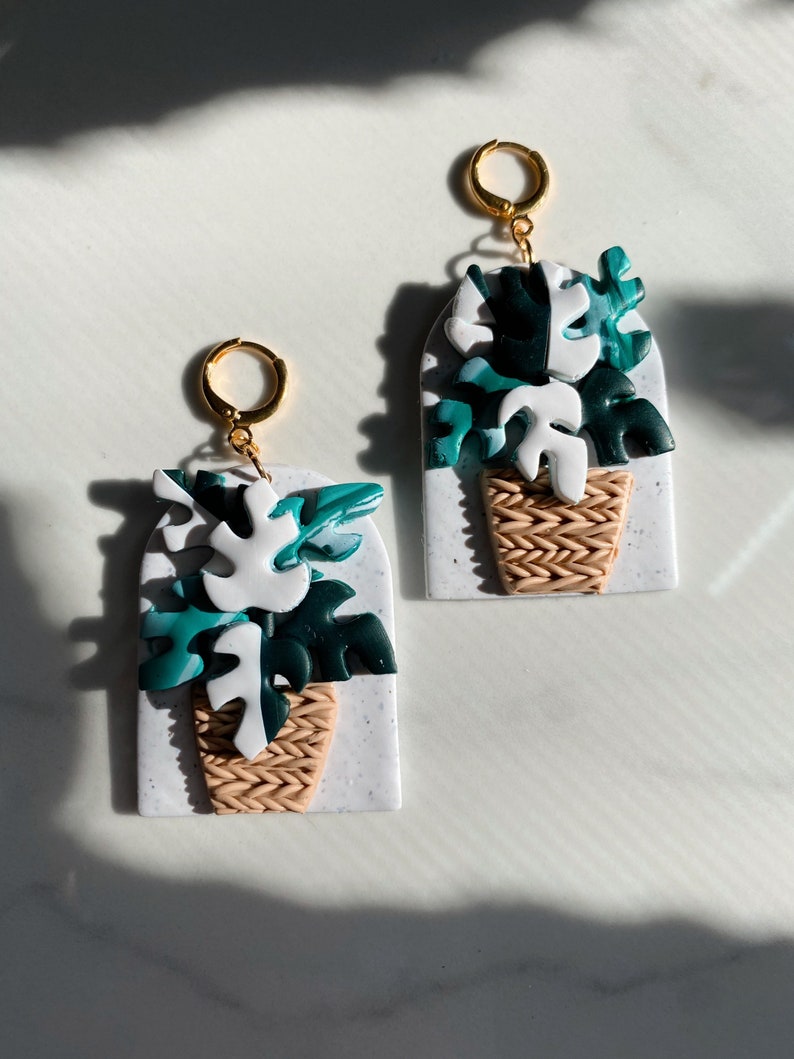 variegated monstera adansonii earrings polymer clay houseplant aesthetic witchy boho lightweight clip on available gift for her image 2