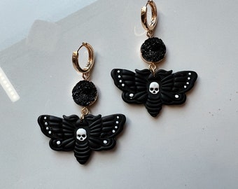 Death head moth crystal earrings | witchy | goth | faux crystal | gold and black | hypoallergenic nickel free