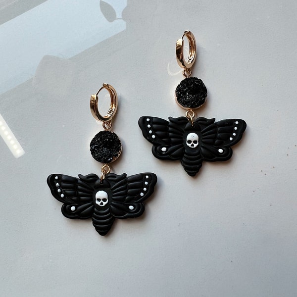 Death head moth crystal earrings | witchy | goth | faux crystal | gold and black | hypoallergenic nickel free