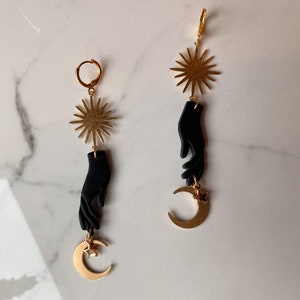 celestial moon sun and stars earrings | polymer clay | black and gold | witchy | clip on available | gift for her