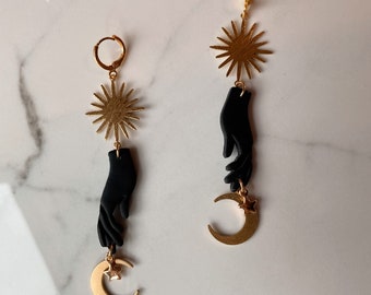 celestial hand moon sun and stars earrings | polymer clay | black and gold | witchy | clip on available | gift for her