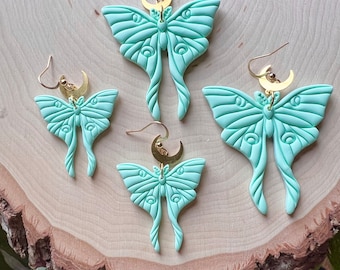 luna moth polymer clay earrings | brass moon | witchy | mint green | pastel | moth earrings | large drop earrings | lightweight | celestial