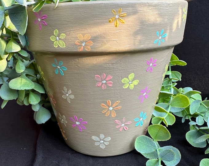 Flower Painted Plant Pot -Flower Painted Pot - Hand-painted Planter- Cute Planter -Cute Plant Pot - Colorful Pot - Painted Pot- Y2K Planter