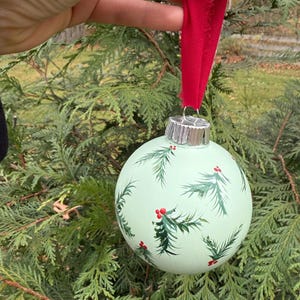 Hand Painted Christmas Ornament | Hand Painted Green Christmas Ornament with Chiffon Ribbon | Holiday Decor | Hand Painted Ornament