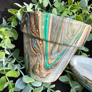 Pour Paint Plant Pot - Pour Painted Pot - Brown and Teal Painted Pot - Cute Planter -Cute Plant Pot Colorful Pot - Abstract Pot - Trippy Pot