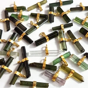 Natural Green Tourmaline stick rough gemstone gold plated Sterling Silver 5 piece 2x21 mm to 2x21 size Approx Gemstone [Quantity 01]
