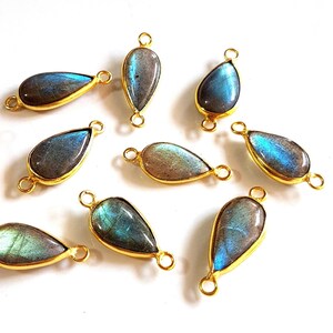 Natural Blue Fire Labradorite Connector 925 Sterling SILVER pendent 14k Gold Plated 5 Piece Double loop Smooth 8x19 To 8x21 mm Size [CQB 75]