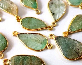 100% Natural Emerald Leaf Carved 925 Sterling SILVER Connector 14k Gold Plated 4 piece Double loop 9x17 to 10x23 MM Size Pendants  [CQB 154]