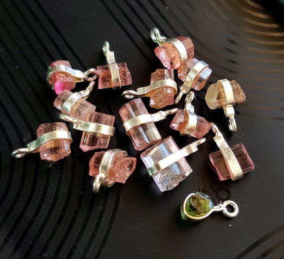 5 Piece Natural Pink Tourmaline Stick Rough Gemstone Sterling Silver Charms 3 mm to 7 mm size approx CQB 377 Natural Gemstone