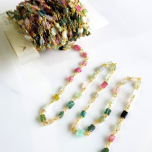 Natural Multi Tourmaline Gemstone Brass Rosary Chain Rectangle Shape Beads Brass Rosary 3 Ft Chain Size 2 x 3 mm to 3 x 5 mm Approx.