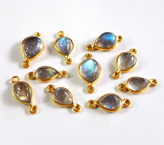 Natural Blue Fire Labradorite Connector 925 Sterling SILVER 14k Gold Plated 4 Piece Double loop Smooth 5x13 To 7x15 mm Size [CQB 209]