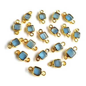 5 Pcs. Natural Aquamarine Stone Gemstones Gold Plated Bezel Double Loop Connectors Size 4 X 5 mm Approx Square Shape & Smooth  Connector