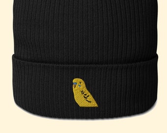 Gorro de pájaro *Budgie amarillo* - Ropa bordada de pájaro