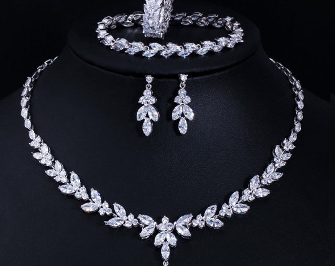 Bridal Necklace Set | Teardrop Silver Wedding Necklace Earrings Bracelet Ring Set | CZ Wedding Necklace Set | Crystal Bridal Set