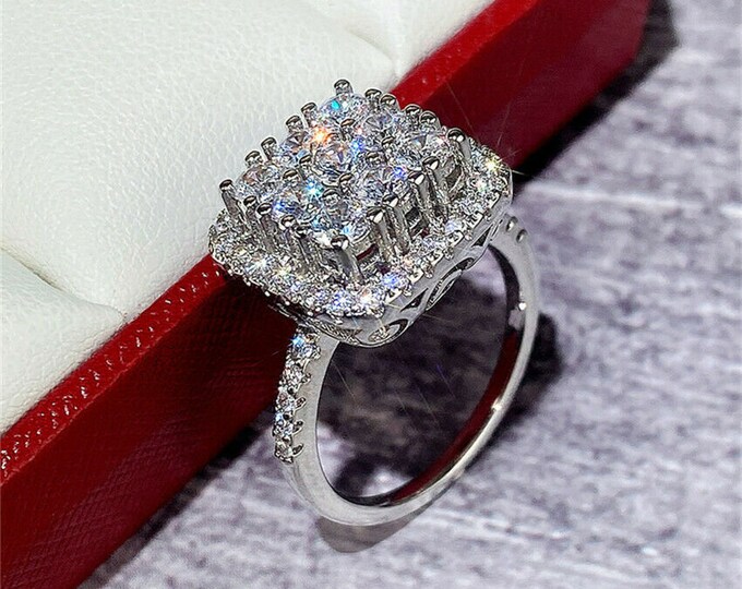 Princess Cushion Cut Halo 925 Sterling Silver CZ Diamond Simulant CZ Engagement Ring Wedding Band Bridal Ring Women