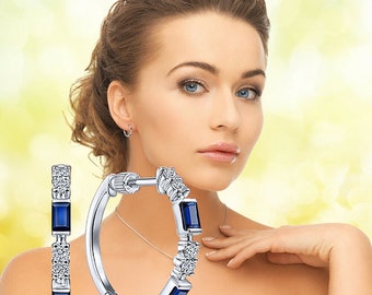 Blue Sapphire Earrings, Blue Sapphire Diamond Engagement Hoop Earrings for Women Dangle Earring Party Jewelry