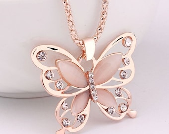 Rose Gold Opal Butterfly Charm Necklace gift for her