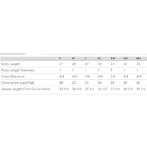 May include: A white chart with black text detailing garment measurements. The chart includes sizes S through 4XL, listing body length, chest width, and sleeve length in inches. The measurements are for a garment.