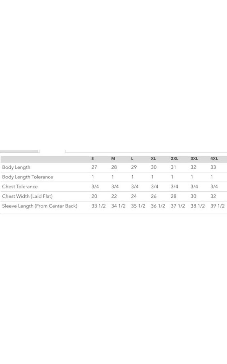 May include: A white chart with black text detailing garment measurements. The chart includes sizes S through 4XL, listing body length, chest width, and sleeve length in inches. The measurements are for a garment.