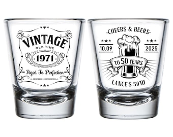 Custom Birthday Shot Glasses, Custom party favors, Vintage Birthday, 50th, 60th, 70th Birthday Shot Glasses, Personalized Shot Glasses (327)