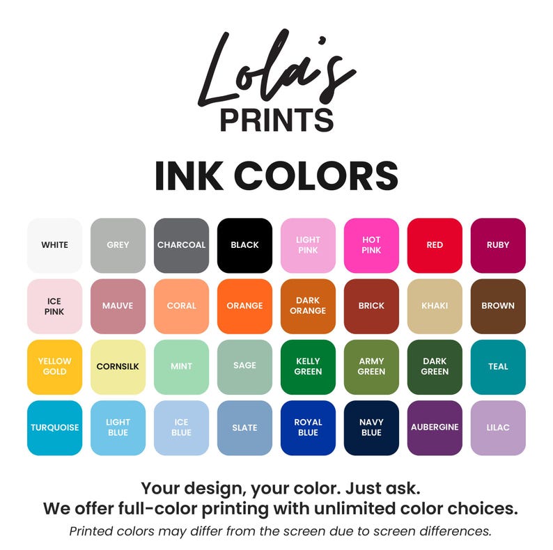 a variety of ink colors available for printing, including white, grey, charcoal, black, pink, red, and other colors.