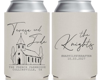 May include: Beige can cooler with black text and a church illustration. The text reads "Teresa and Jude" and "The Knights", with the wedding date 10.03.2027. The bottom text says "The French Farmhouse, Collinsville, TX".