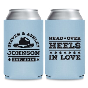 Cowboythema bruiloft blikjeskoeler gunsten, aangepaste bruiloft blikjeskoelers, gepersonaliseerde bruiloft blikjeskoeler gunsten, aangepaste bier knuffelbedankjes (197)