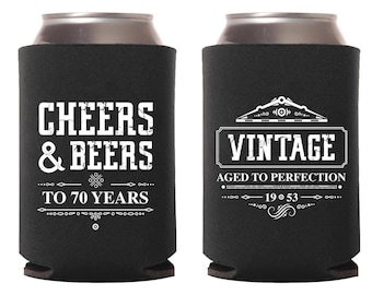 70th Birthday Favors, Cheers and Beers to 70 Years Birthday Can Coolers, Custom 70th Birthday Beer Huggers, Personalized Can Coolers (162)