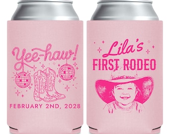 Enfriadores de latas de cumpleaños con temática de rodeo, recuerdos de cumpleaños con enfriadores de latas estilo "Yee-Haw", enfriadores de latas con retrato personalizado, enfriadores de latas de cumpleaños personalizados (365)