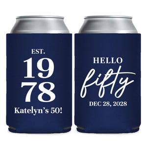 Personalisierter Geburtstags-Dosenkühler, individuelle Dosenkühler Geburtstagsgeschenke, 50er Geburtstags-Dosenkühler, Hello Fifty kundenspezifischer Dosenkühler Gastgeschenke (287)