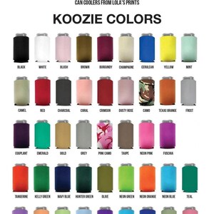 a collection of 36 different colored koozies, each with a unique color and pattern, arranged in a grid format.