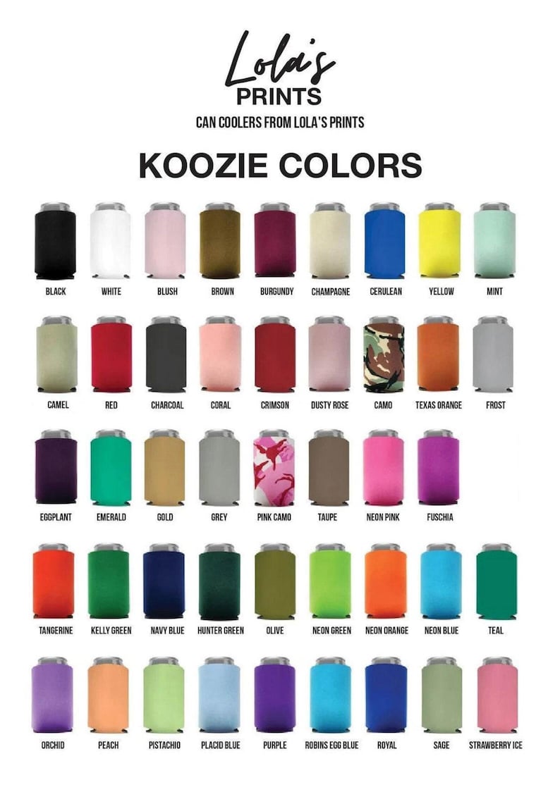 a collection of 36 different colored koozies, each with a unique color and pattern, arranged in a grid format.