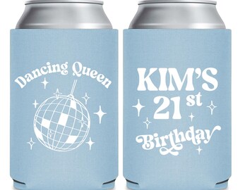 Dancing Queen 21st Birthday Can Coolers, Disco Theme Party Can Cooler Favors, Groovy Disco Ball Beer Huggers for 21st Birthday Bash (318)